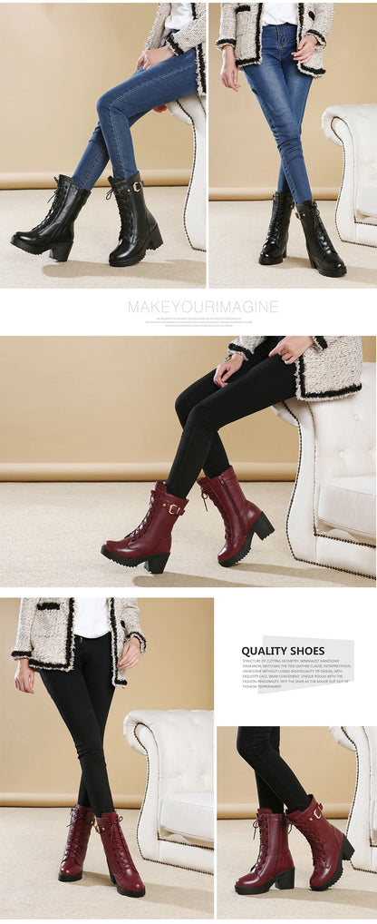 2025 Winter Leather Women Winter Boots Thick Wool Warm Women High-heeled Genuine Boot High-quality Female Snow Boots Women Shoes