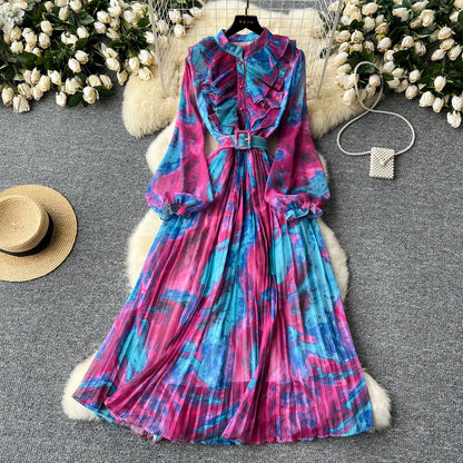 LE2639 Oil Print Midi Dress Lady French Vintage Elegant Dress Women'S Plicated Splicing Long Sleeve Waist Print Chiffon Dresses