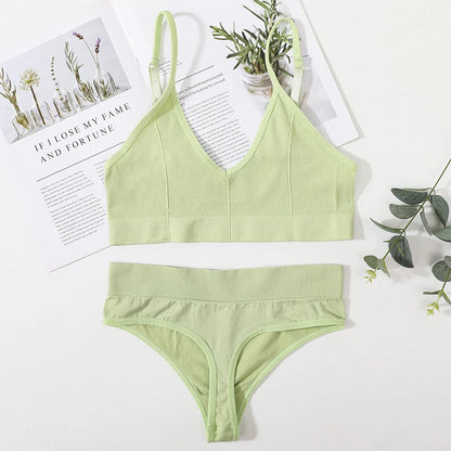 Women Bra Set Seamless Bra V Neck Tops High Waist Thongs Underwear Bralette Comfort Wire Free Brassiere Lingerie Set