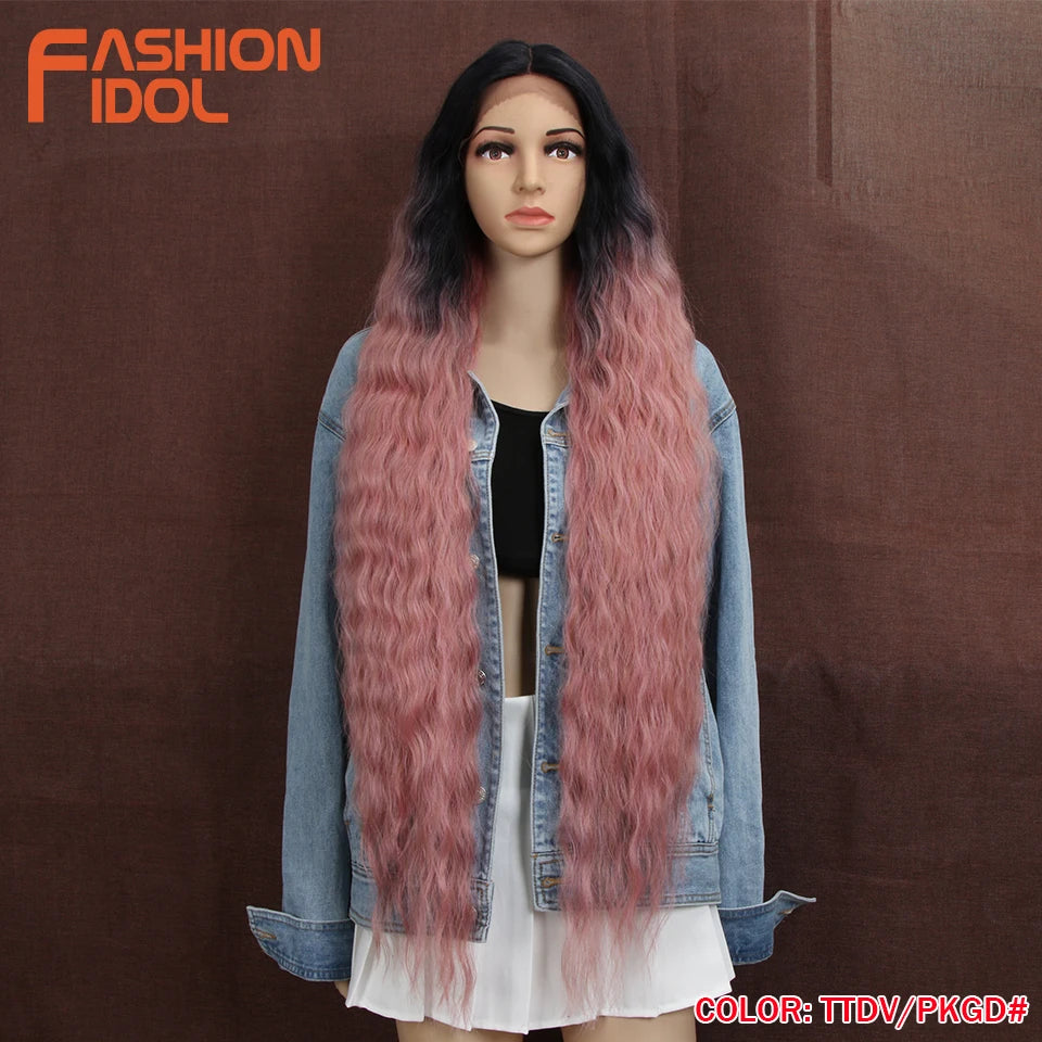 FASHION IDOL 42" Loose Wave Lace Front Wig Hair Synthetic Wigs For Women Ombre Blonde Water Wavy Long Curly Hair Wig Cosplay