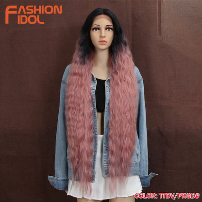 FASHION IDOL 42" Loose Wave Lace Front Wig Hair Synthetic Wigs For Women Ombre Blonde Water Wavy Long Curly Hair Wig Cosplay