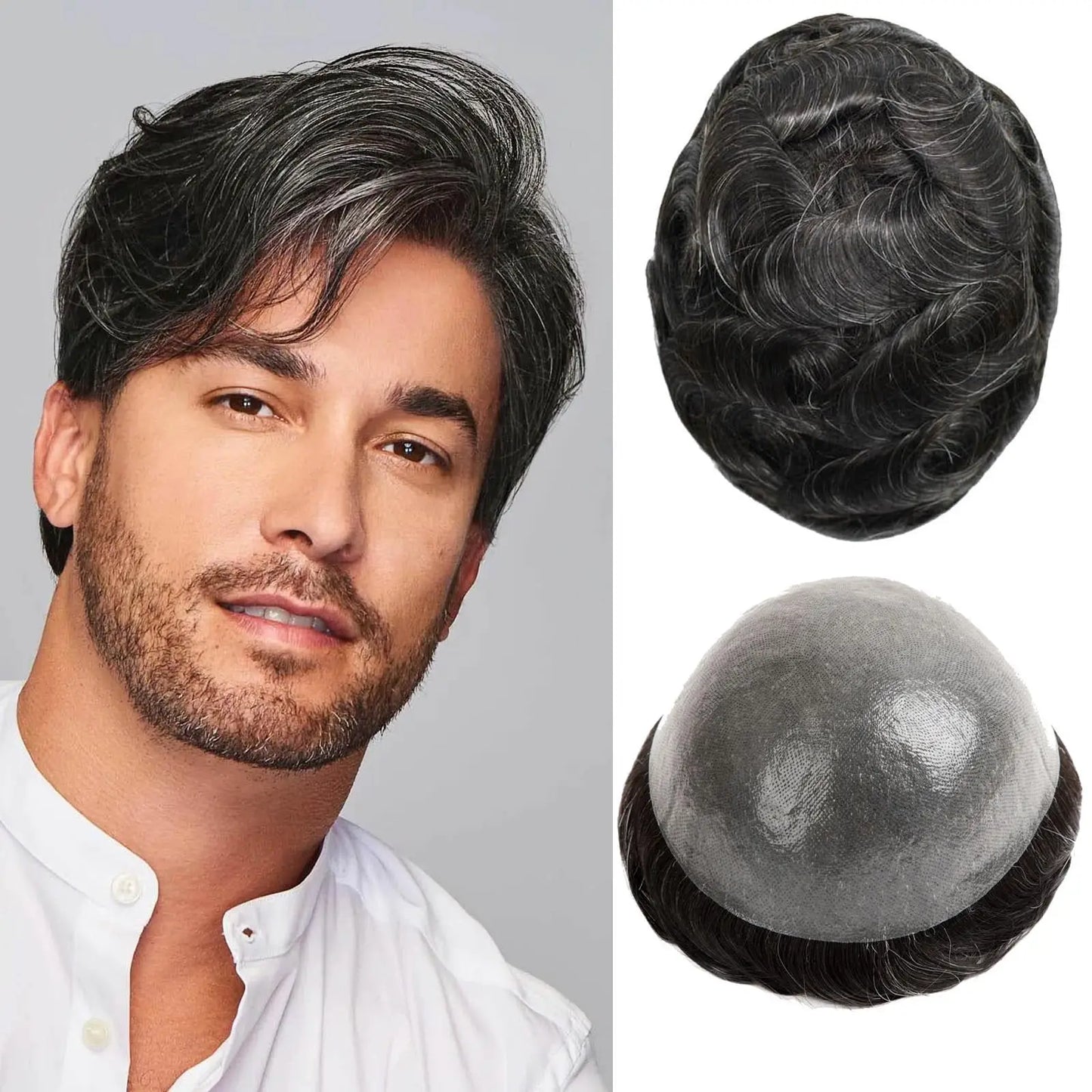 Men's Toupee #1B10 Full PU Base V-loops 8x10 Inches 130% High Density Human Hair Black Thin Skin 0.06 mm BOSQUE Beauty
