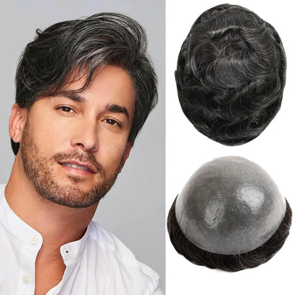 Men's Toupee #1B10 Full PU Base V-loops 8x10 Inches 130% High Density Human Hair Black Thin Skin 0.06 mm BOSQUE Beauty