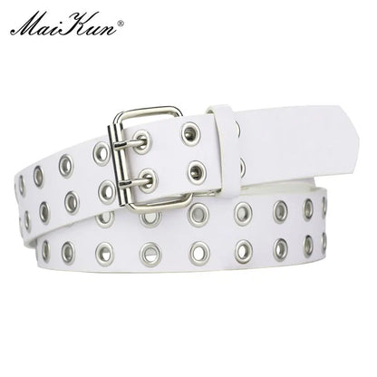 MaiKun Women Punk Goth Belts Brand Leather Women Grunge Belt Halloween Double Pin Buckle Female Belt for Jeans Streetwear