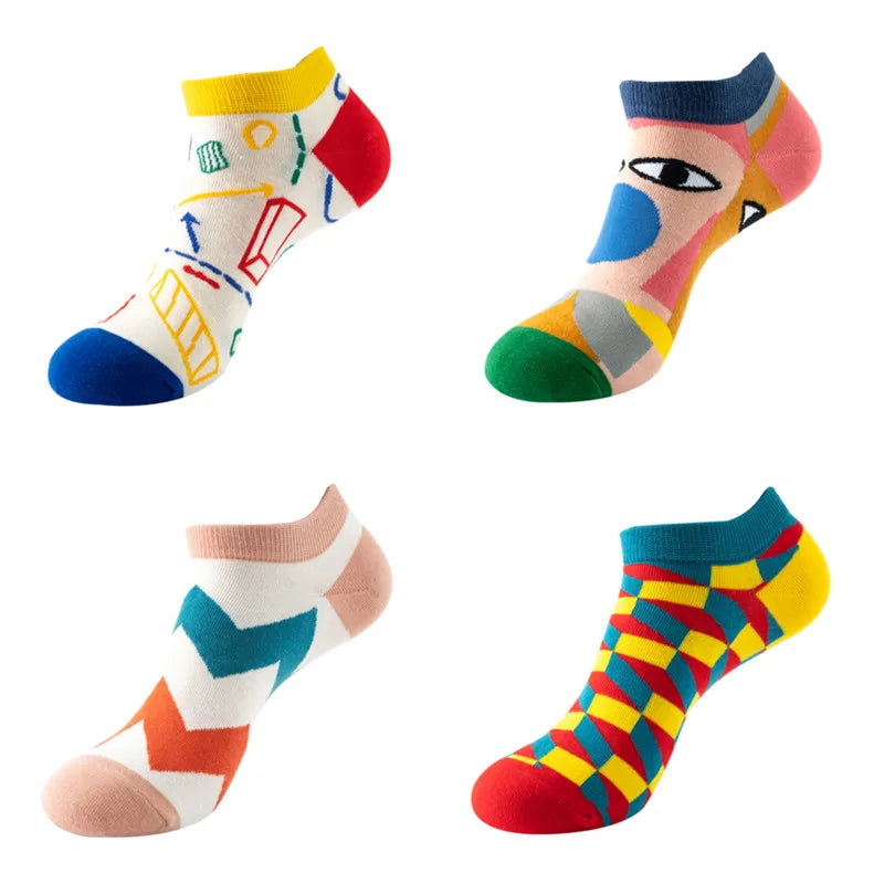 4 pairs Men's And Women's Latest Design Boat Socks Short Summer Socks Quality Business Geometric Lattice Colorful  Cotton Socks