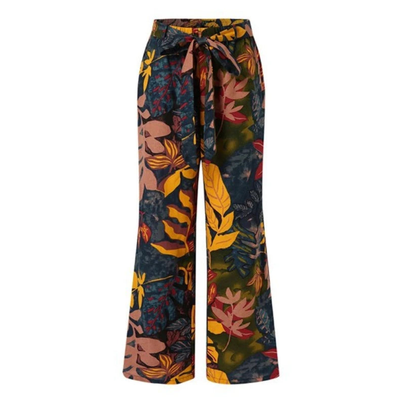 Women Long Pants 2024 Spring Fashion High Waist Drawstring Straight Loose Pants Vintage Printed Casual Ladies Wide-Leg Pant