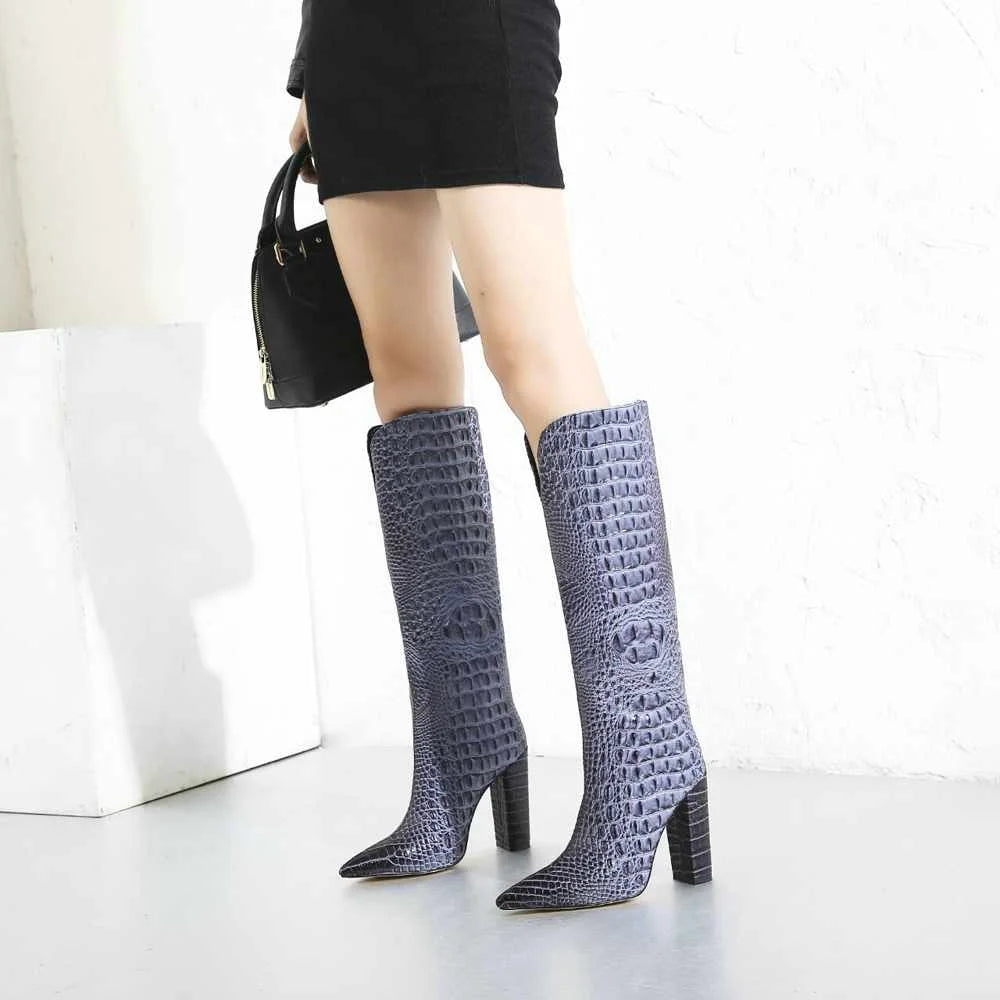 Custom Elegant Women's Knee High Heels Boots Hot Selling Pointed Toe Ladies Shoes with Chunky Heel for Winter