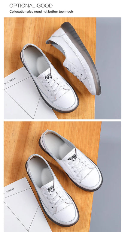 Women's Genuine Leather Sneakers Women Casual Fashionable Sports Shoes Vulcanized Woman Summer Flat Shoe Ladies White 40