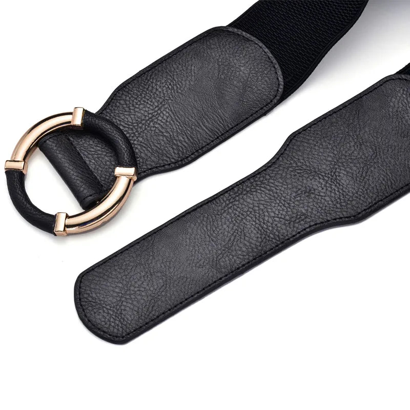 Women’s Elastic Stretch Wide Waist Belts w Wrapped Gold Circle Buckle