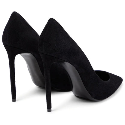 Large Size Classic Ladies Shoes Black Faux Suede Silk Thin Heel Pointed Toe Party Stilettos High Heels Pumps Women Footwear