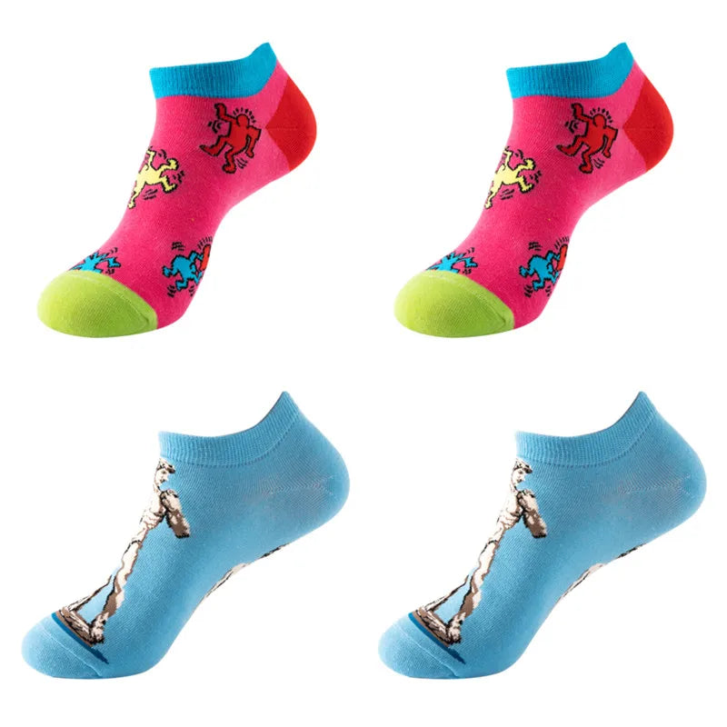 4pairs Funny animal Combed Cotton Fashion Hip Hop Man woman Oil Painting Socks Harajuku Skateboard outer space Happy love Socks