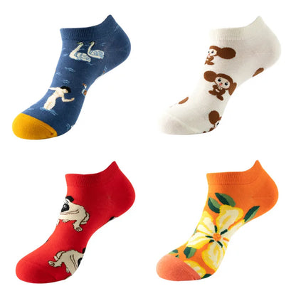 4pairs Funny animal Combed Cotton Fashion Hip Hop Man woman Oil Painting Socks Harajuku Skateboard outer space Happy love Socks