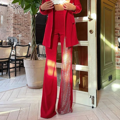 Street Fashion Flared Pants  Women Grenadine High Waist Pants for Women Glitter High Slit Boot Cut Flared Trousers 2021 Autumn