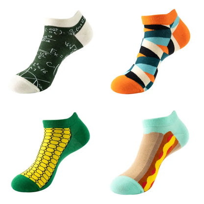 4 pairs Men's And Women's Latest Design Boat Socks Short Summer Socks Quality Business Geometric Lattice Colorful  Cotton Socks
