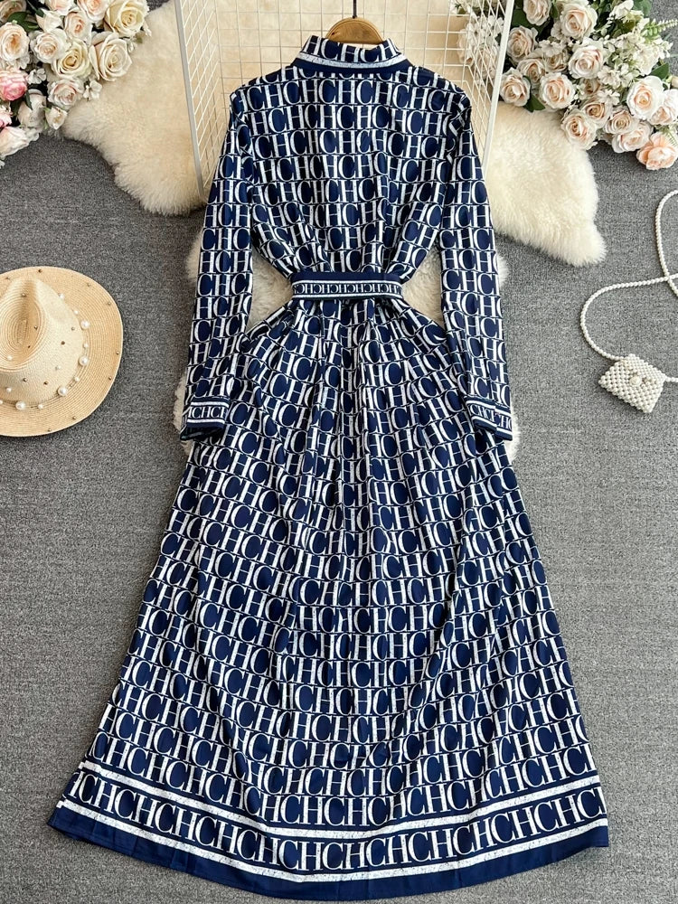 Autumn Korean Version Mature Style Retro Elegant Turtleneck Ultra High Waist Waist-Cinching Slimming Printed BASICS Shirt Dress