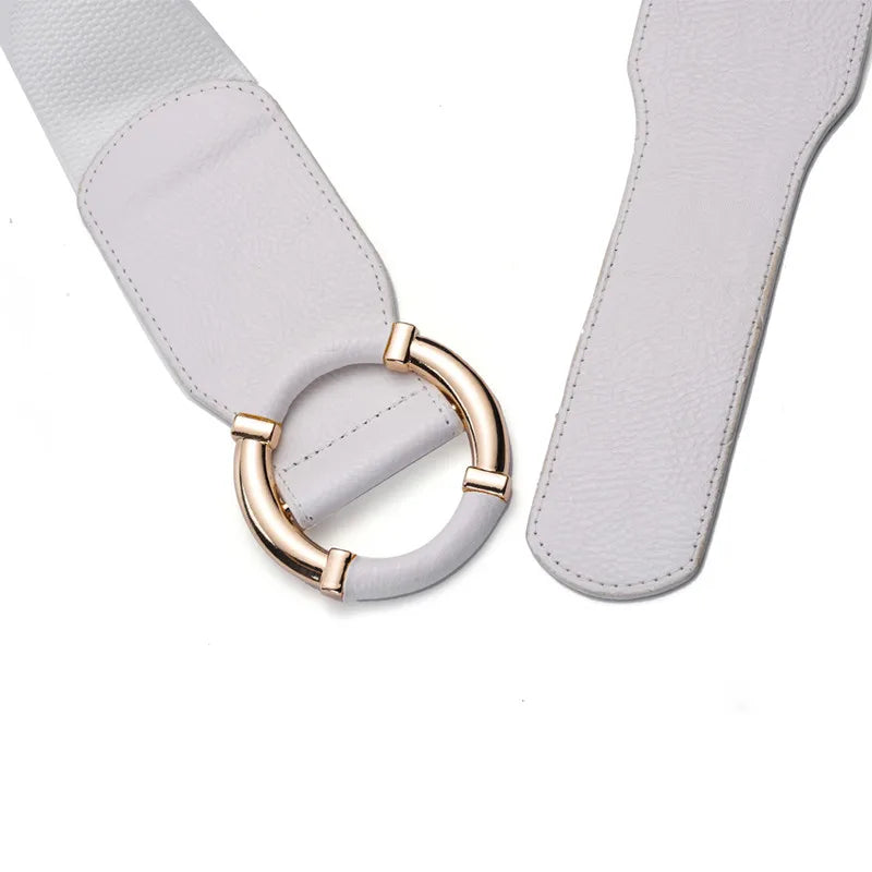 Women’s Elastic Stretch Wide Waist Belts w Wrapped Gold Circle Buckle