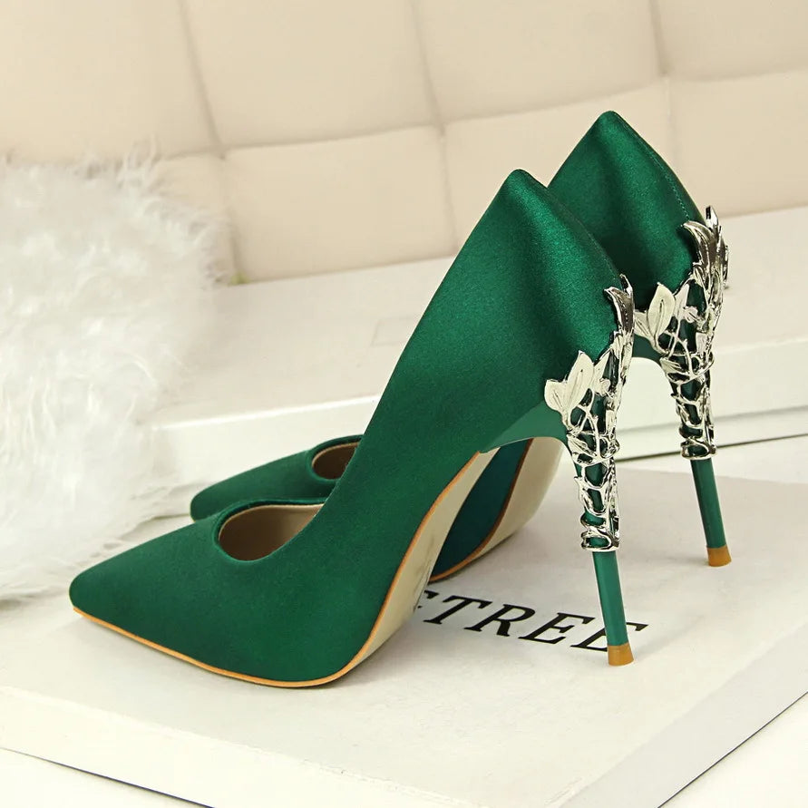 Metal Carved Thin Heel High Heels Pumps Women Shoes Sexy Pointed Toe Ladies Shoes Fashion Candy Colors Wedding Shoes WomanMetal
