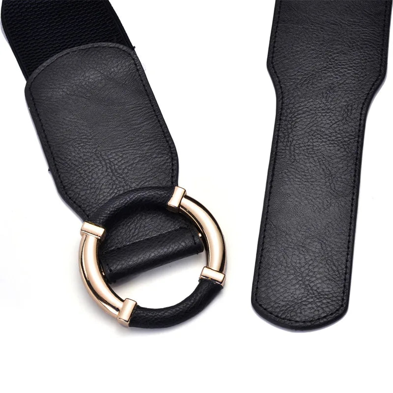 Women’s Elastic Stretch Wide Waist Belts w Wrapped Gold Circle Buckle
