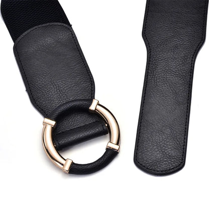 Women’s Elastic Stretch Wide Waist Belts w Wrapped Gold Circle Buckle