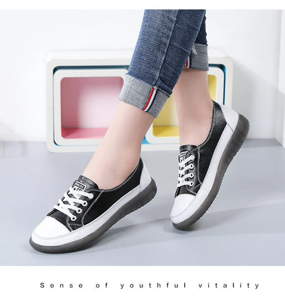 Women's Genuine Leather Sneakers Women Casual Fashionable Sports Shoes Vulcanized Woman Summer Flat Shoe Ladies White 40