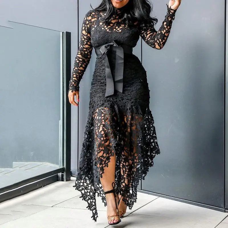 Top Seller Hollow Mesh Sexy Lace Long Sleeve Maxi Dresses Women Plus Size Dress Ladies Lace Decorated 2 Pieces Dress Big Sizes