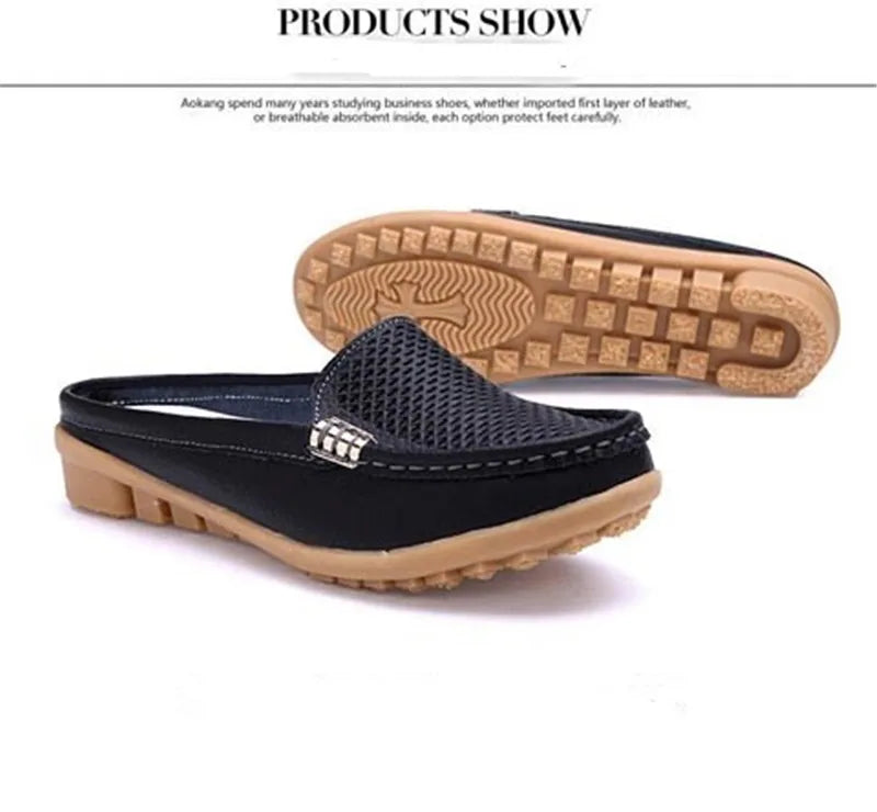 Women Casual Shoes Hollow Out Lady Half Lofers Genuine Leather Flats Moccasins Women Luxury Brand Half Slippers Zapatillas Mujer