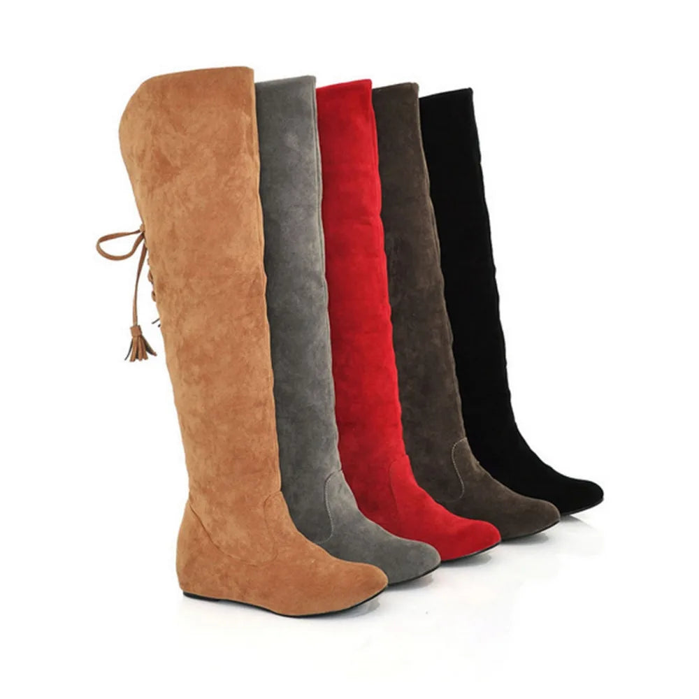 Women Knee high Boots Autumn Winter Lace Up Flat Shoes Sexy Steampunk PU Retro Buckle women shoes Ladies Snow Boots yui8