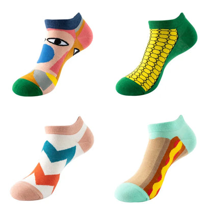 4 pairs Men's And Women's Latest Design Boat Socks Short Summer Socks Quality Business Geometric Lattice Colorful  Cotton Socks