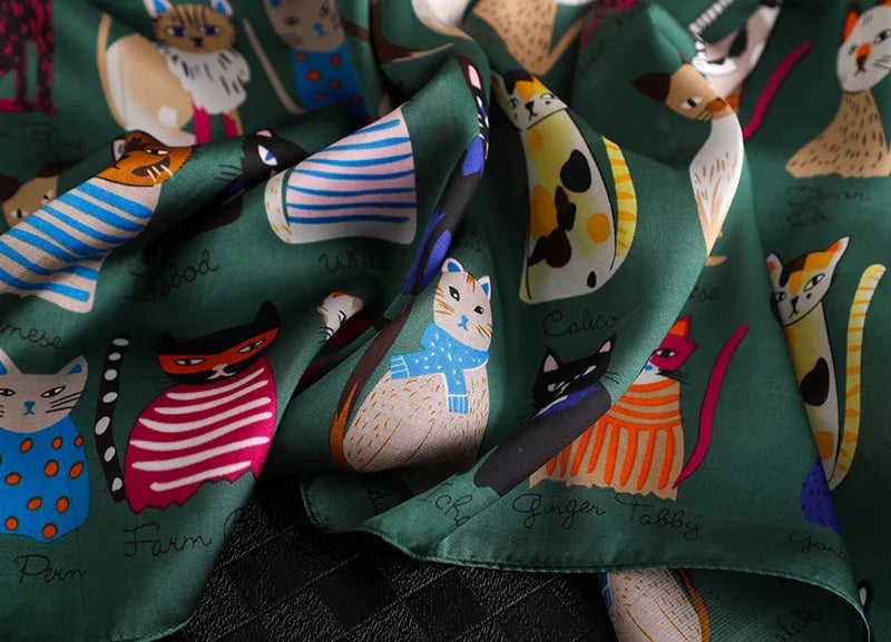 Spring and summer NEW Luxury Brand 90x90cm Silk Square Scarf Women Tie Hairband Cat printed Scarves Female Foulard scarf stores