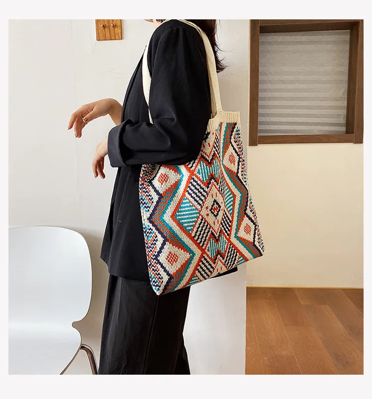 Lady Knitting Gypsy Bohemian Boho Chic Aztec Tote Bag Women Crochet Woolen Open Shopper Top-handle Bag 2022 Female Daily Handbag