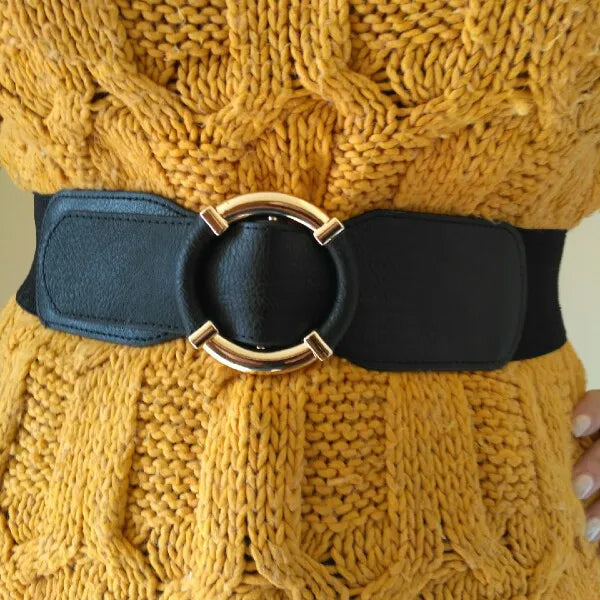 Women’s Elastic Stretch Wide Waist Belts w Wrapped Gold Circle Buckle
