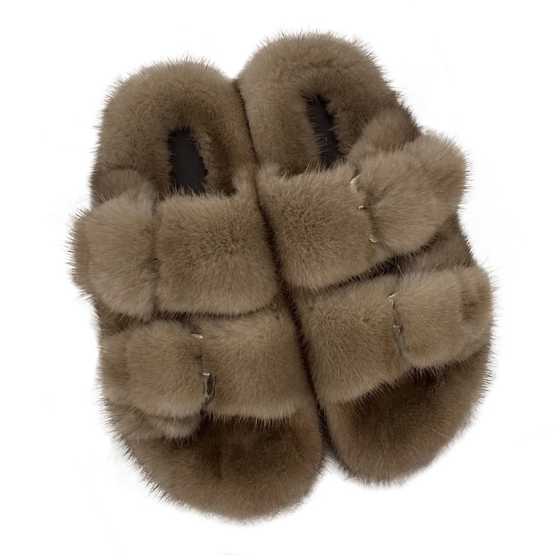 Wholesale Fashion Custom Winter Warm Luxury Fur Slippers Real Mink Fur Slides for Women Ladies Shoes