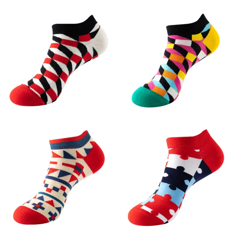 4 pairs Men's And Women's Latest Design Boat Socks Short Summer Socks Quality Business Geometric Lattice Colorful  Cotton Socks