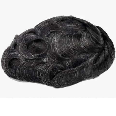 Men's Toupee #1B10 Full PU Base V-loops 8x10 Inches 130% High Density Human Hair Black Thin Skin 0.06 mm BOSQUE Beauty