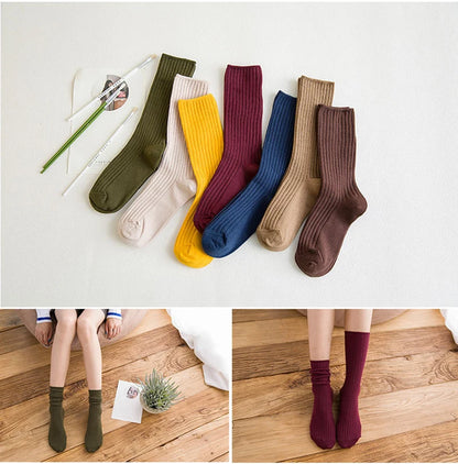 1 Pair Retro Women Cotton Loose Socks Autumn Winter Knitting Solid Color Long Black Korean Japanese Student Girls Stockings