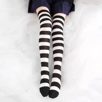 Cute Pink Blue Lolita Striped Stockings For Women Lovely School Girls Knee High Long Stockings Cosplay Anime Student Socks