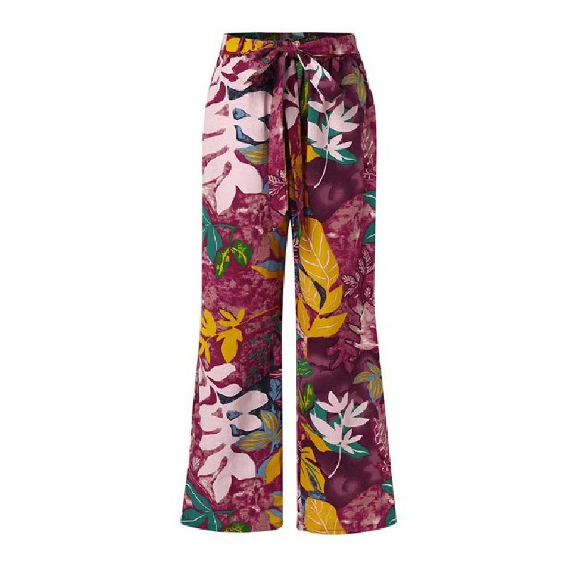 Women Long Pants 2024 Spring Fashion High Waist Drawstring Straight Loose Pants Vintage Printed Casual Ladies Wide-Leg Pant