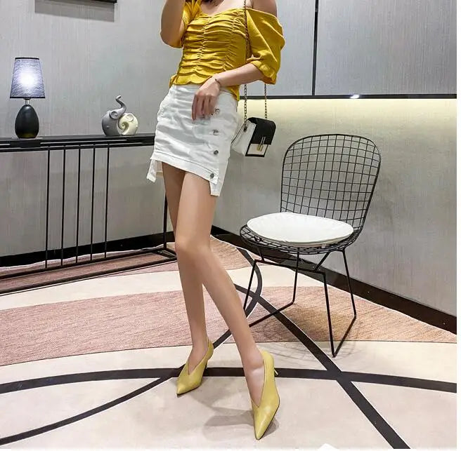 Sandals Luxury Brand Sexy Dress Shoes Elegant Chunky High Heeeled Pumps Sexy Pointed Toe Evening Shoes Women Shoes V Cut Shoes