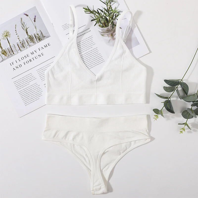 Women Bra Set Seamless Bra V Neck Tops High Waist Thongs Underwear Bralette Comfort Wire Free Brassiere Lingerie Set