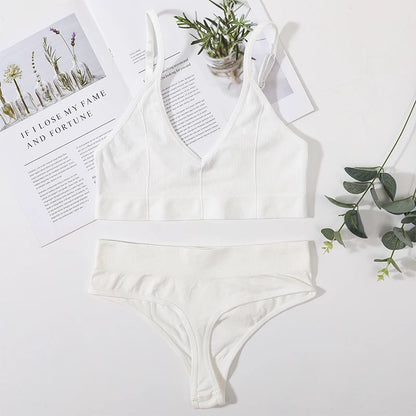 Women Bra Set Seamless Bra V Neck Tops High Waist Thongs Underwear Bralette Comfort Wire Free Brassiere Lingerie Set
