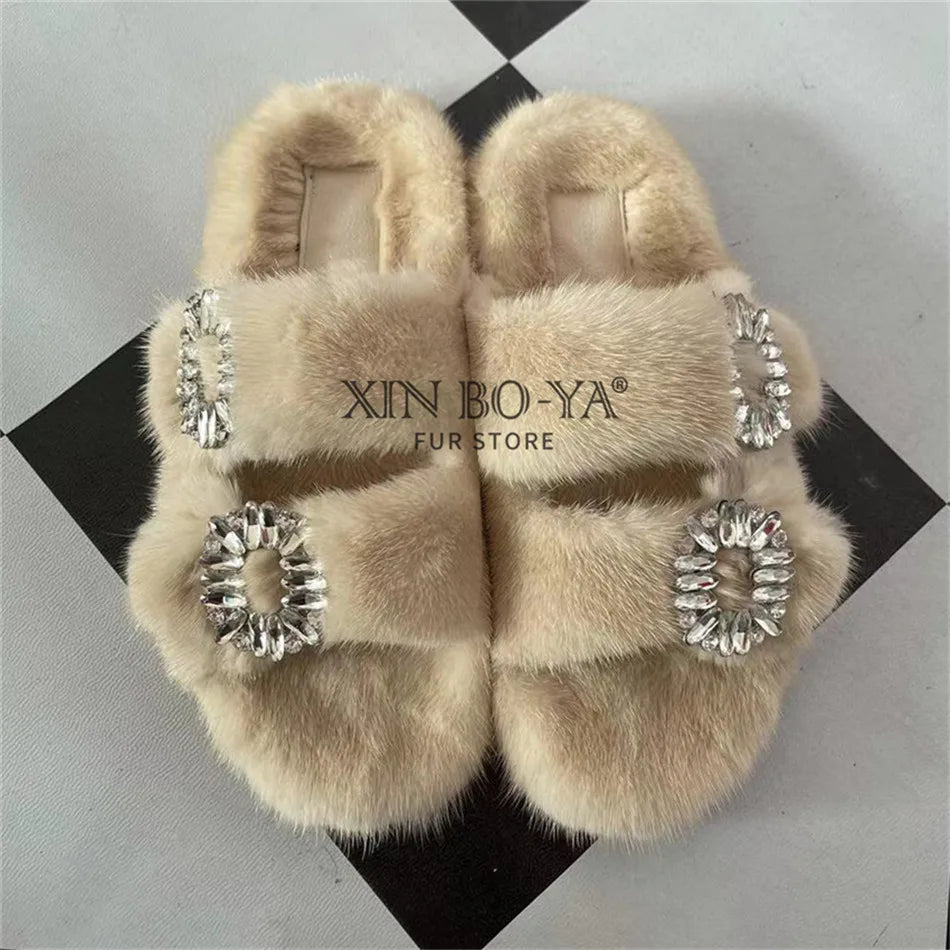 Summer Women Mink Fur Slippers Woman Luxury 2026 Women's Sandals Outdoor Fashion Casual Shoes Fur Mule Shoes Opentoed Slides
