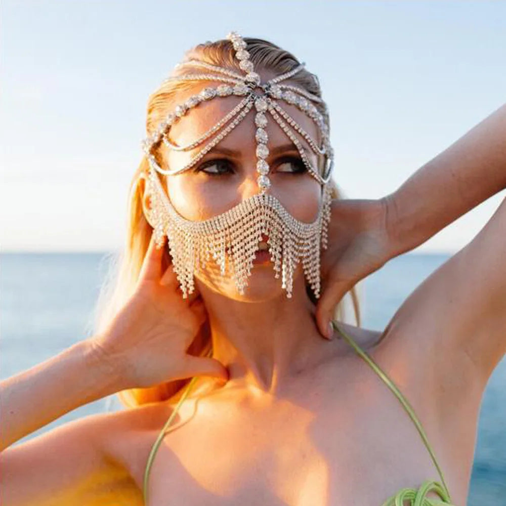 Charms Sexy Rhinestone Tassel Masquerade Face Jewelry For Women Facial Accessories Banquet Party Mask Full Face Chain Decoration