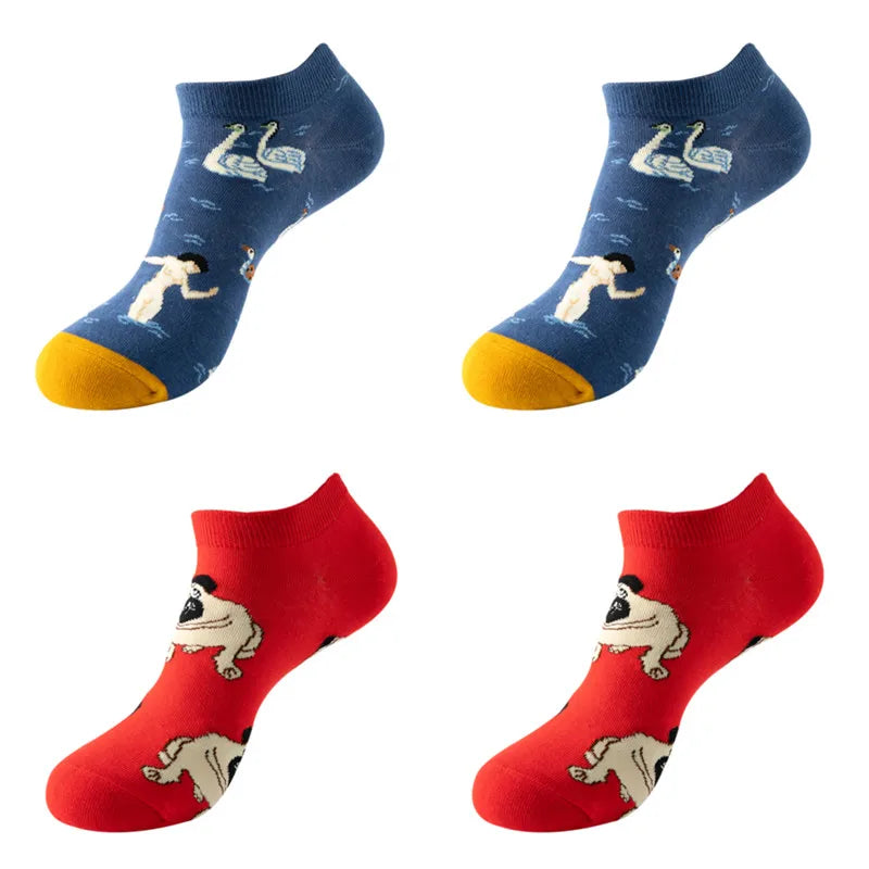4pairs Funny animal Combed Cotton Fashion Hip Hop Man woman Oil Painting Socks Harajuku Skateboard outer space Happy love Socks