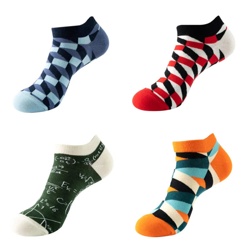 4 pairs Men's And Women's Latest Design Boat Socks Short Summer Socks Quality Business Geometric Lattice Colorful  Cotton Socks
