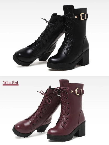2025 Winter Leather Women Winter Boots Thick Wool Warm Women High-heeled Genuine Boot High-quality Female Snow Boots Women Shoes