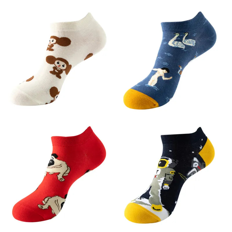 4pairs Funny animal Combed Cotton Fashion Hip Hop Man woman Oil Painting Socks Harajuku Skateboard outer space Happy love Socks