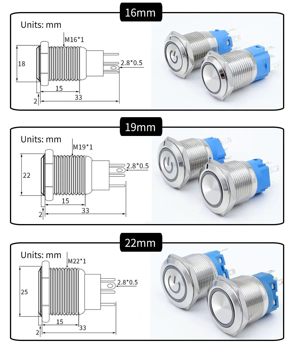 On Off PC Power Metal Waterproof Push Button Switch 12v for Car Ignition Switches Momentary/Latching NC 5V 220V 12 16 19 22 mm