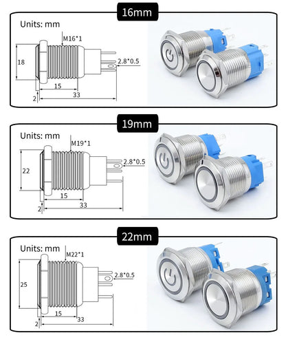 On Off PC Power Metal Waterproof Push Button Switch 12v for Car Ignition Switches Momentary/Latching NC 5V 220V 12 16 19 22 mm
