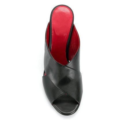 Plus Size Black PU Leather Ladies Shoes Peep Toe Chunky High Heels Mules Women Slippers With Heel Sandals