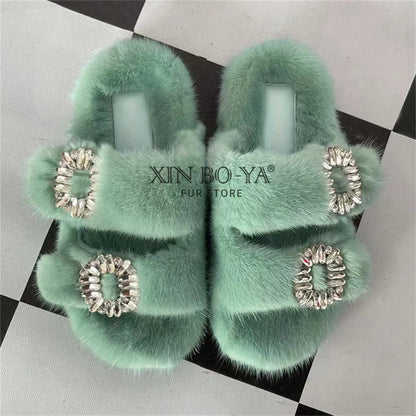 Summer Women Mink Fur Slippers Woman Luxury 2026 Women's Sandals Outdoor Fashion Casual Shoes Fur Mule Shoes Opentoed Slides